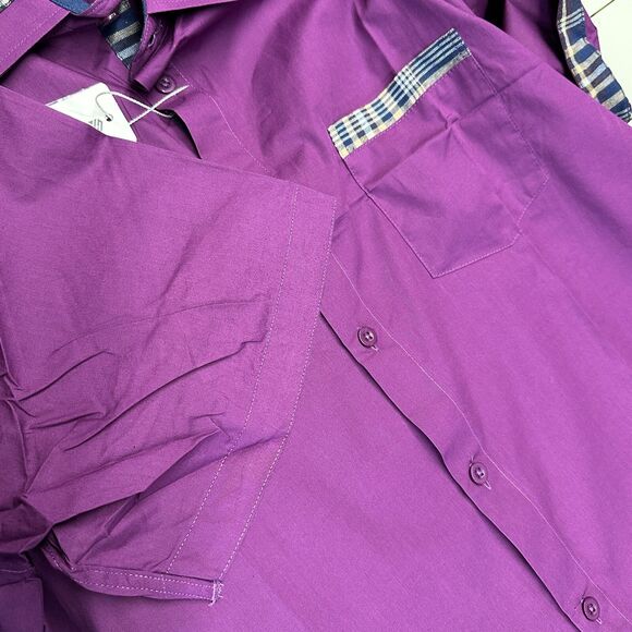 Coofandy Shirt Men’s Sz XXL Purple w/Plaid Trim Button Up Cotton Blend Short SL - Picture 4 of 11